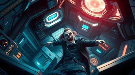 Witness a comedic breakdown of a villain in their high-tech lair from a dramatic high-angle perspective, blending futuristic 