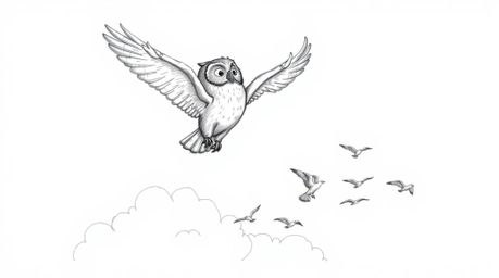 A charming hand-drawn sketch in the style of Pixar portrays a blind owl with textured pencil strokes, embodying the essence o