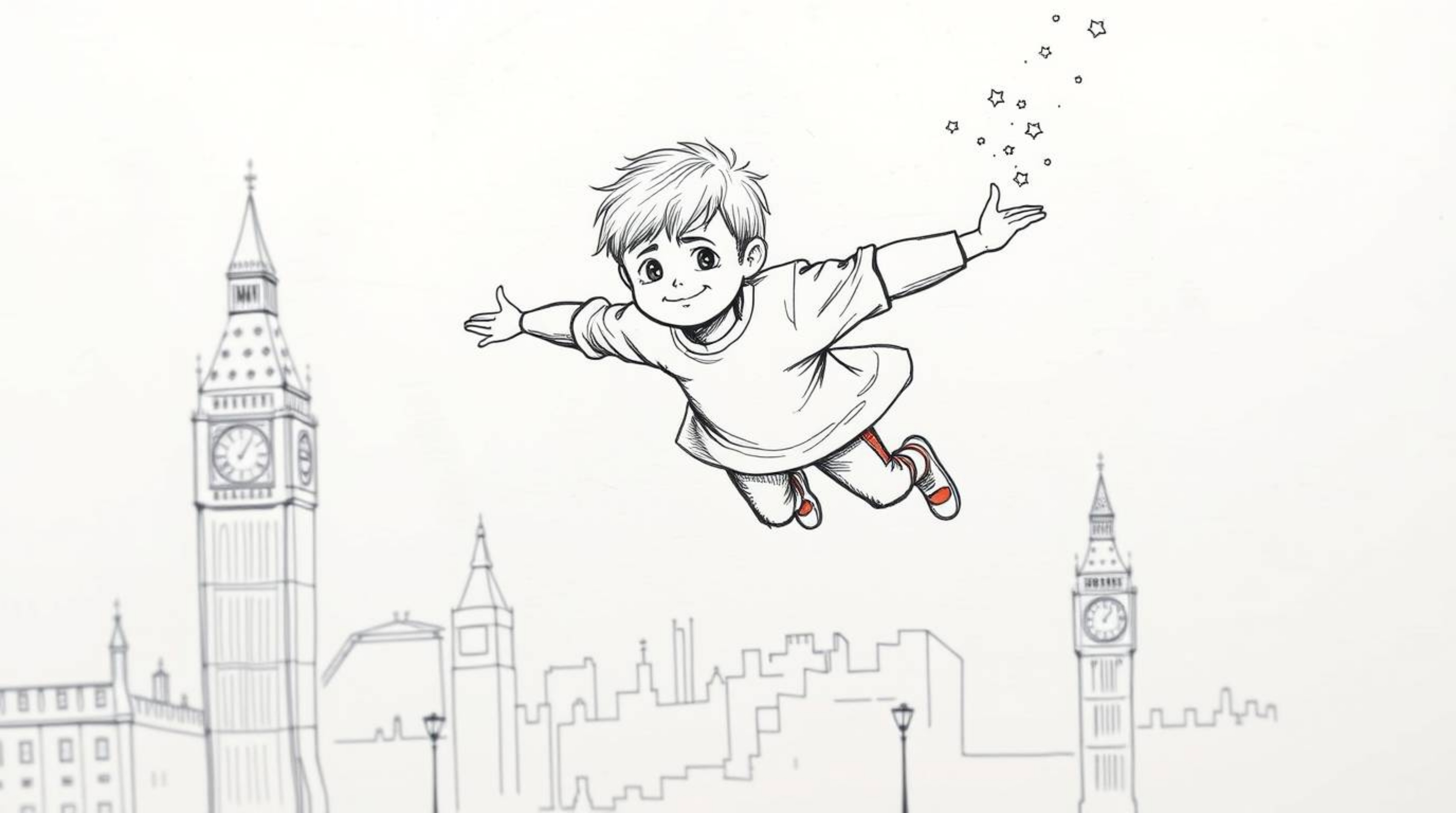A charming hand-drawn sketch depicts a young boy soaring above London, propelled by shimmering pixie dust.  The rough pencil 