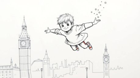A charming hand-drawn sketch depicts a young boy soaring above London, propelled by shimmering pixie dust.  The rough pencil 
