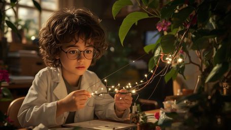 a cinematic, warm-toned photograph of a bespectacled, curly-haired homeschooled genius with a bright, inquisitive gaze, dress