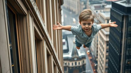 A captivating architectural photograph depicts a fair-skinned boy magically flying above London, sprinkled with pixie dust am