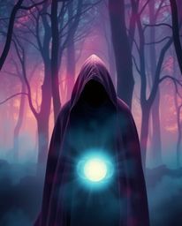 High-resolution stock photo featuring a cloaked figure in a misty forest, bathed in an ethereal spiritual vibe. The image sho