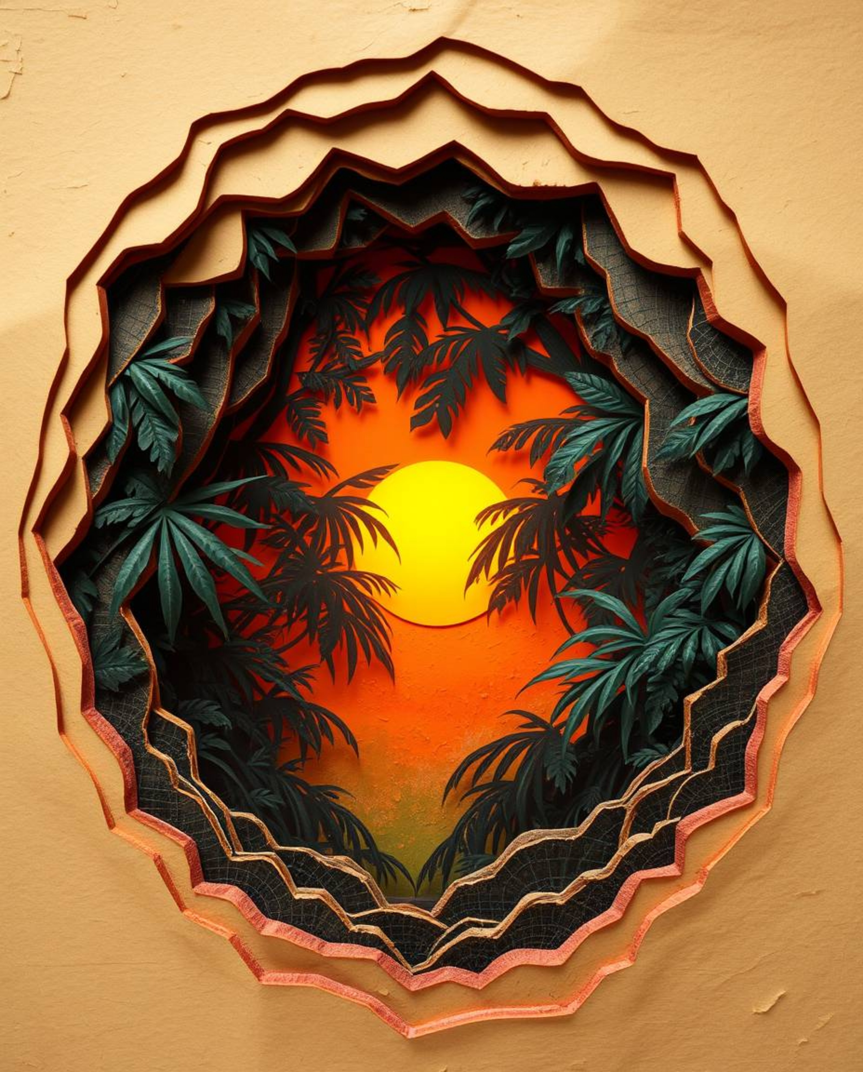 A layered papier-mâché sculpture depicting a sunset seen through a dense jungle canopy. This mystic and enchanting piece feat
