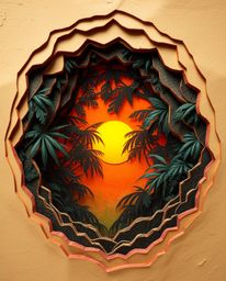 A layered papier-mâché sculpture depicting a sunset seen through a dense jungle canopy. This mystic and enchanting piece feat