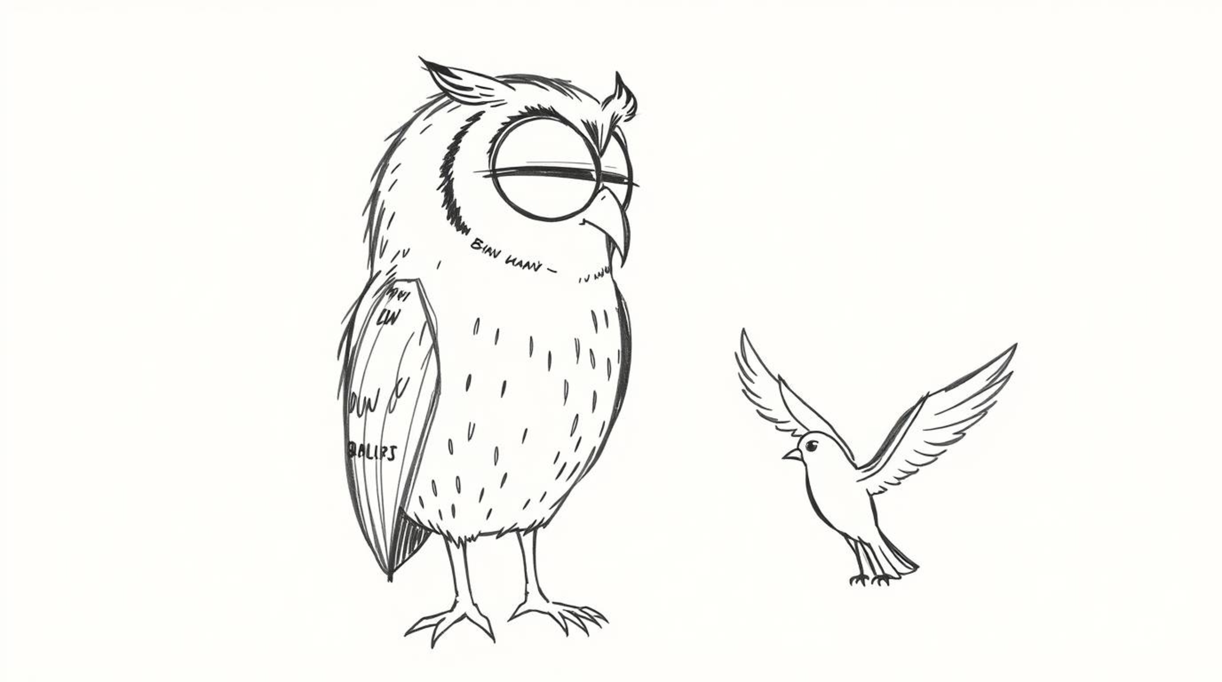 A heartwarming hand-drawn sketch in a textured Pixar style depicts a blind owl with a serene expression, attentively listenin