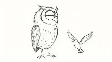 A heartwarming hand-drawn sketch in a textured Pixar style depicts a blind owl with a serene expression, attentively listenin