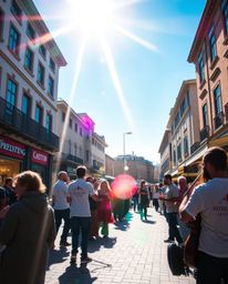 A captivating high-resolution stock photo depicts a vibrant musical number unfolding in a brightly lit town square. The imag