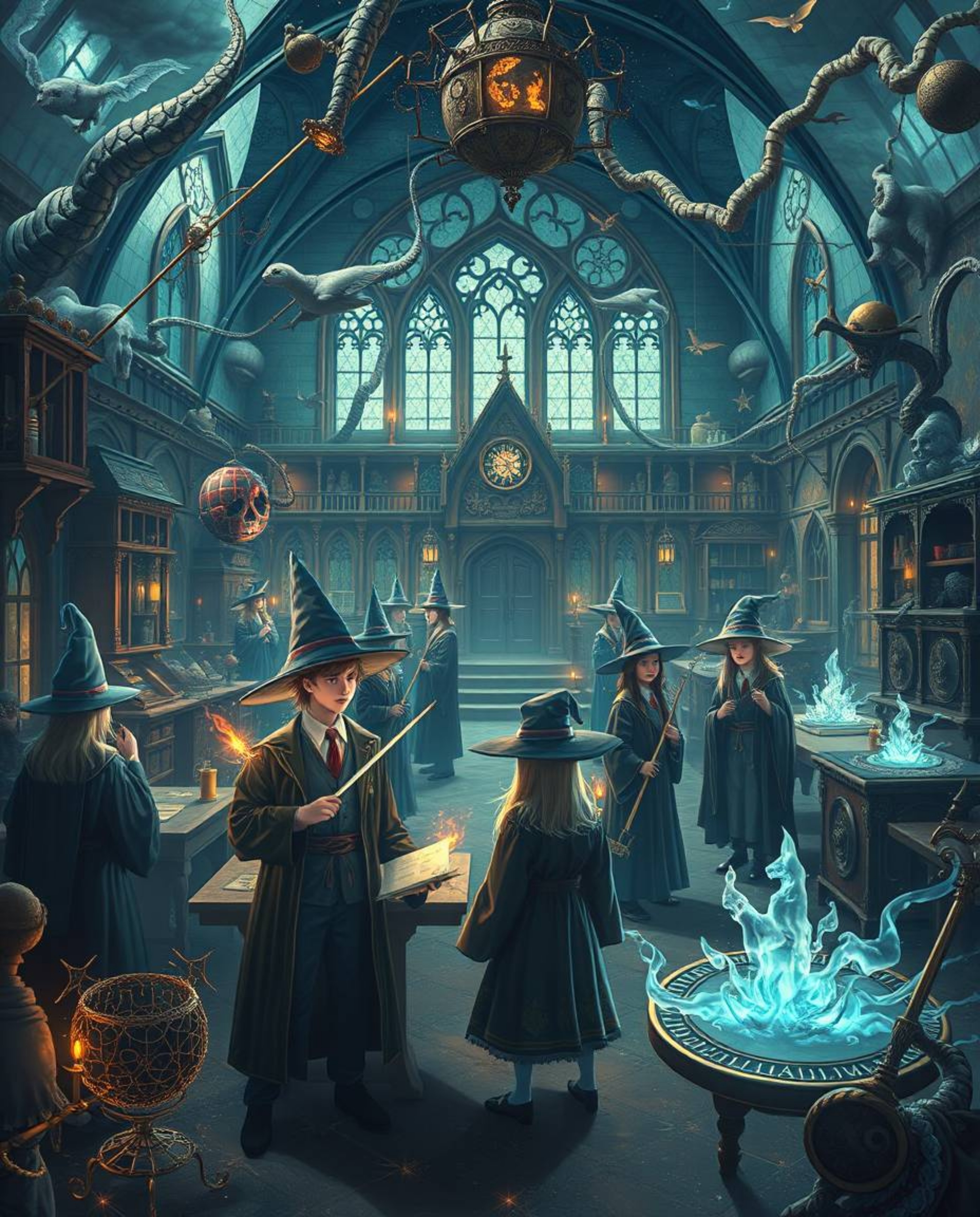 Enter a dreamlike realm where a magical school teems with young wizards, surrounded by fantastical elements and bizarre scene