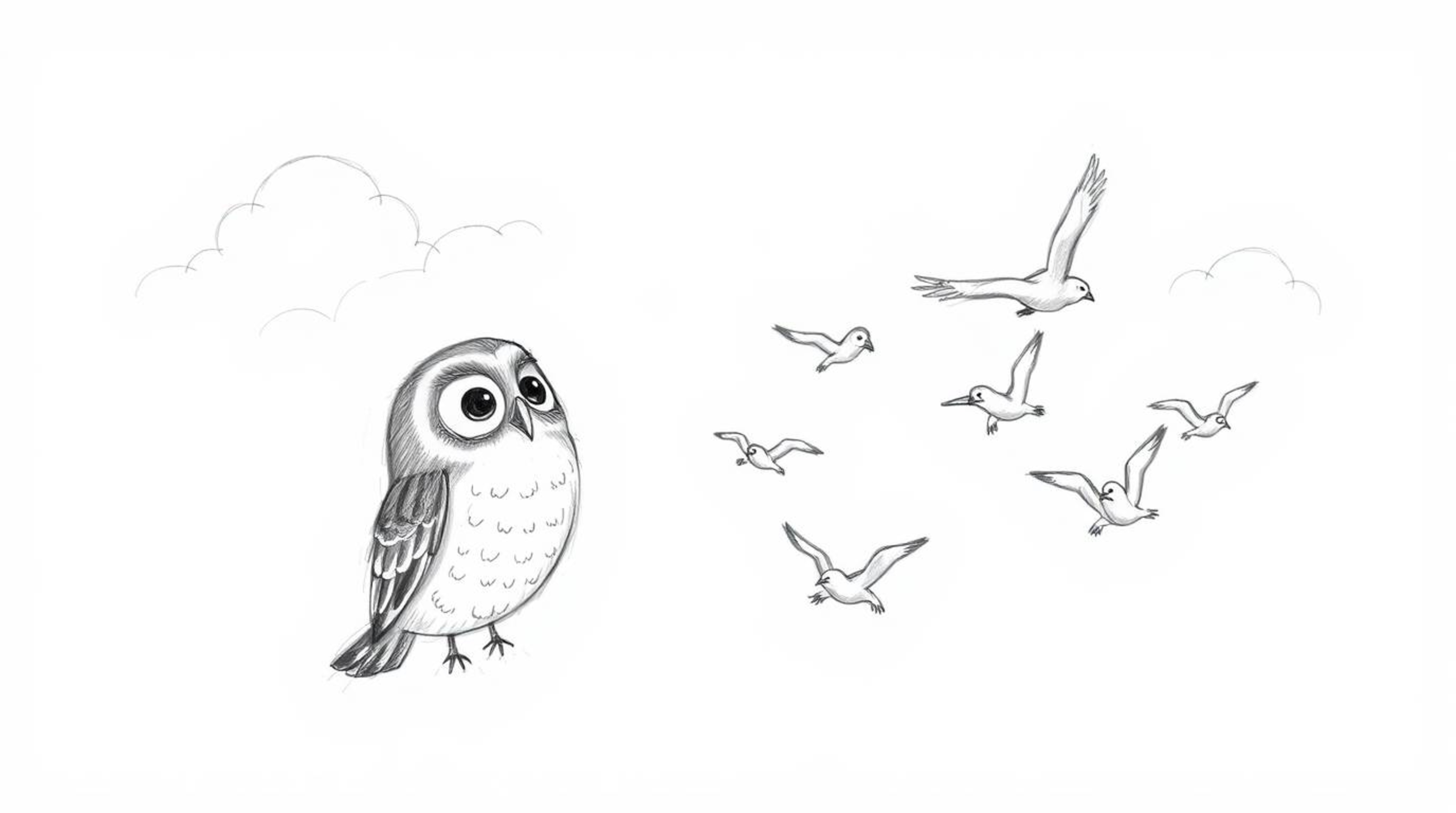 A heartwarming, hand-drawn sketch in the style of Pixar depicts a blind owl with gentle, rounded features guiding a flock of 