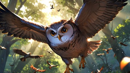 In a stunning and dynamic scene that combines the visual appeal of Pixar and anime, a wise blind owl is captured mid-air, act