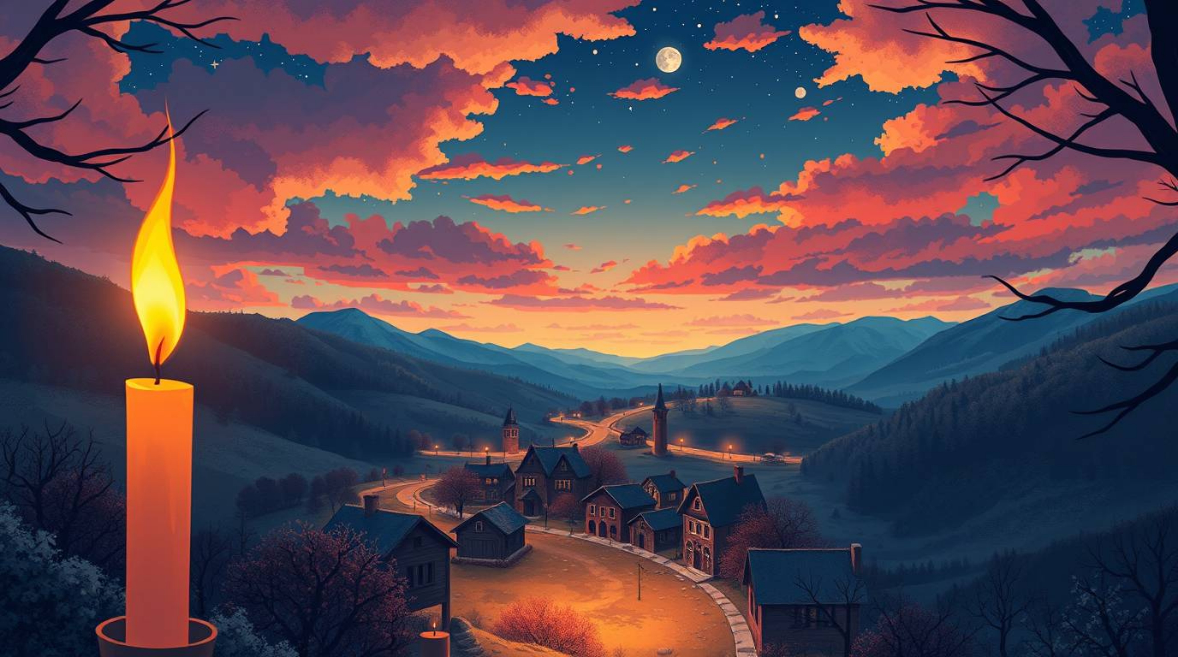 A captivating illustration showcases a cozy village nestled in a picturesque valley, bathed in the warm glow of candlelight u