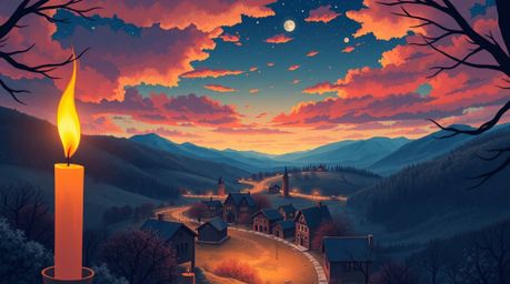 A captivating illustration showcases a cozy village nestled in a picturesque valley, bathed in the warm glow of candlelight u