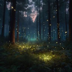 A captivating digital painting showcases a serene forest scene at dusk. The artwork is illuminated by the magical glow of fir