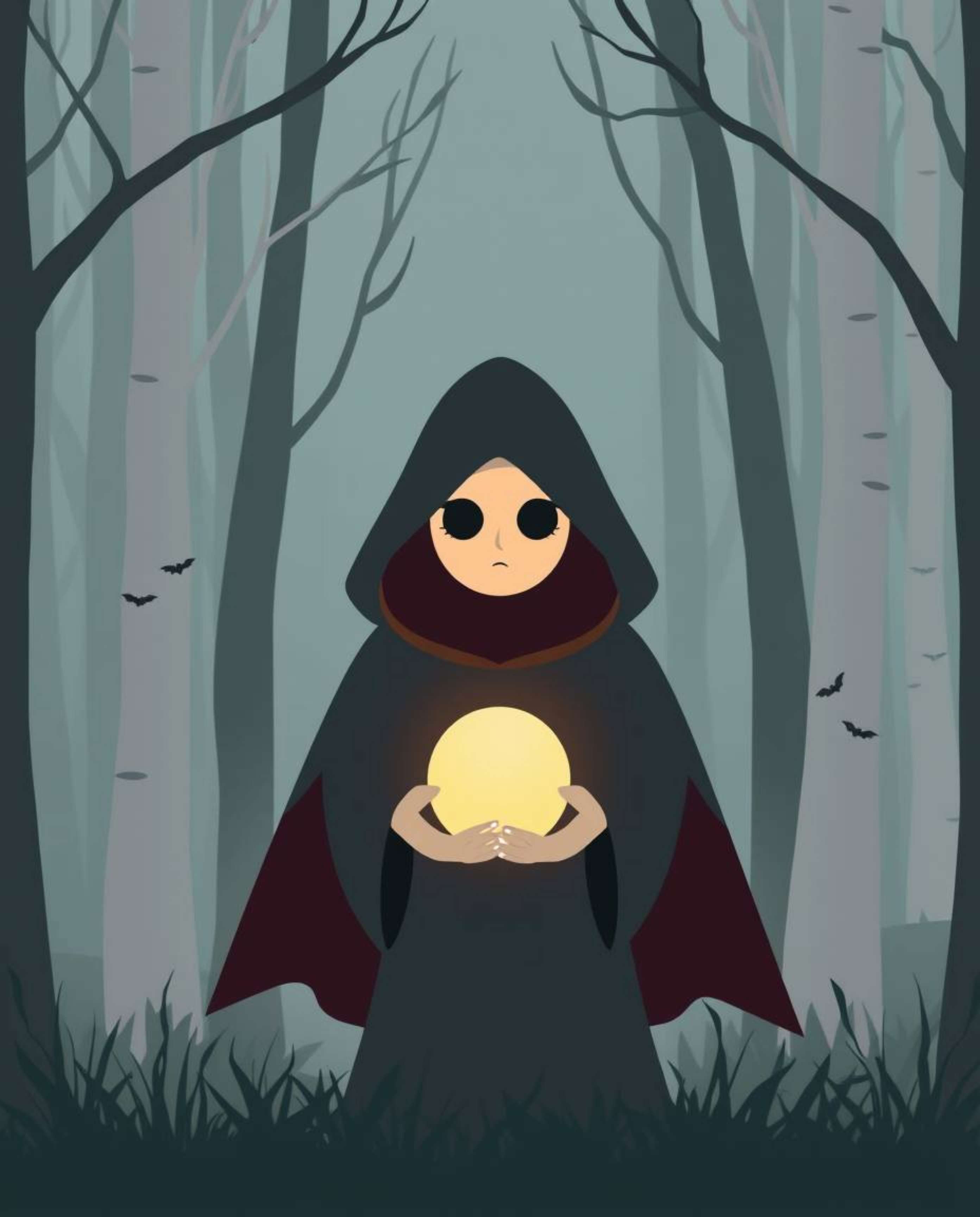 A modern flat design illustration featuring a cloaked figure with simple facial features and a neutral skin tone, holding a g