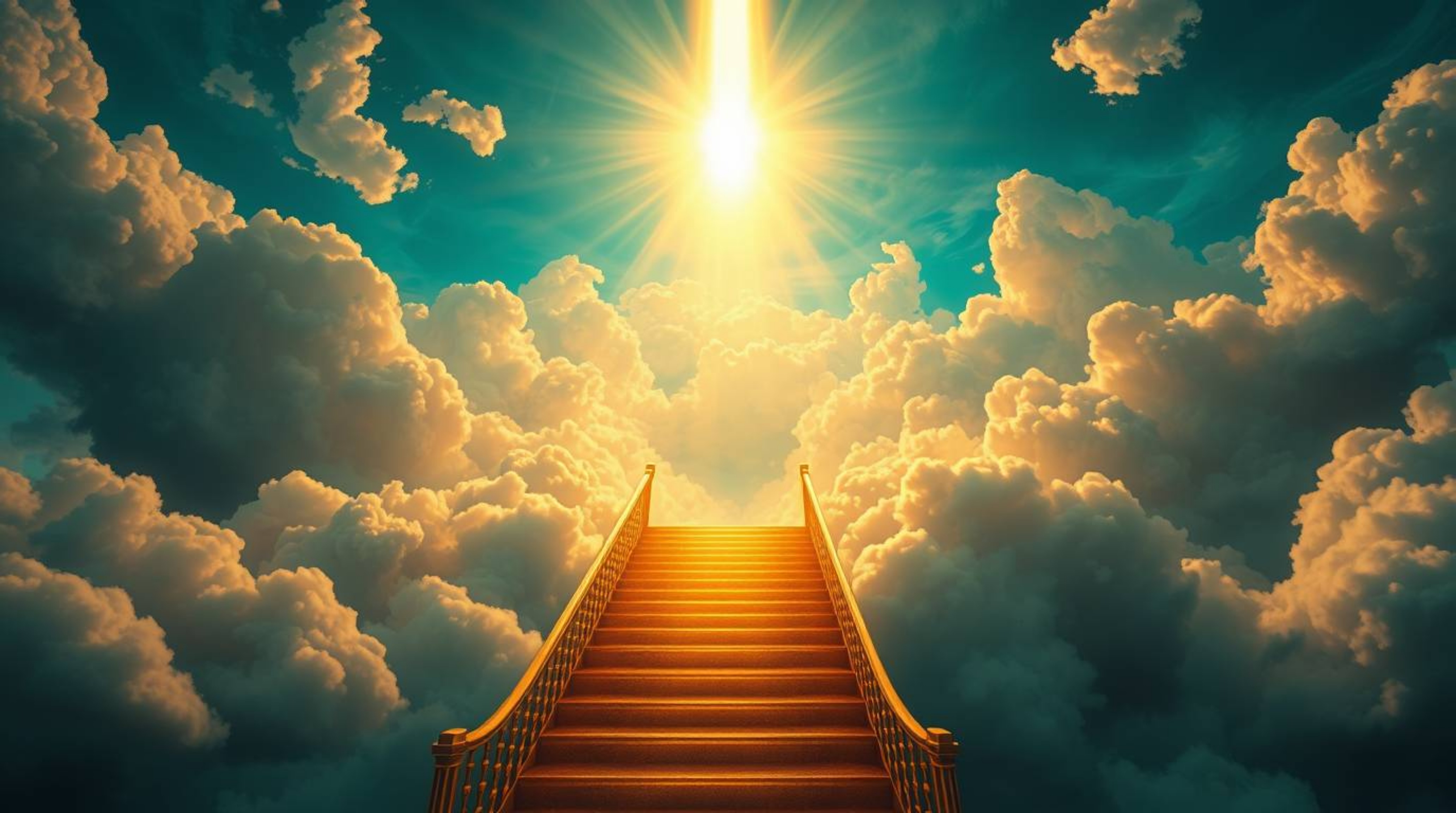 A breathtaking digital painting depicts a golden staircase ascending through ethereal clouds towards a radiant heaven. Sunlig