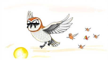 A heartwarming hand-drawn sketch in the style of Pixar depicts a blind owl with soft feathers and kind eyes guiding a lively 