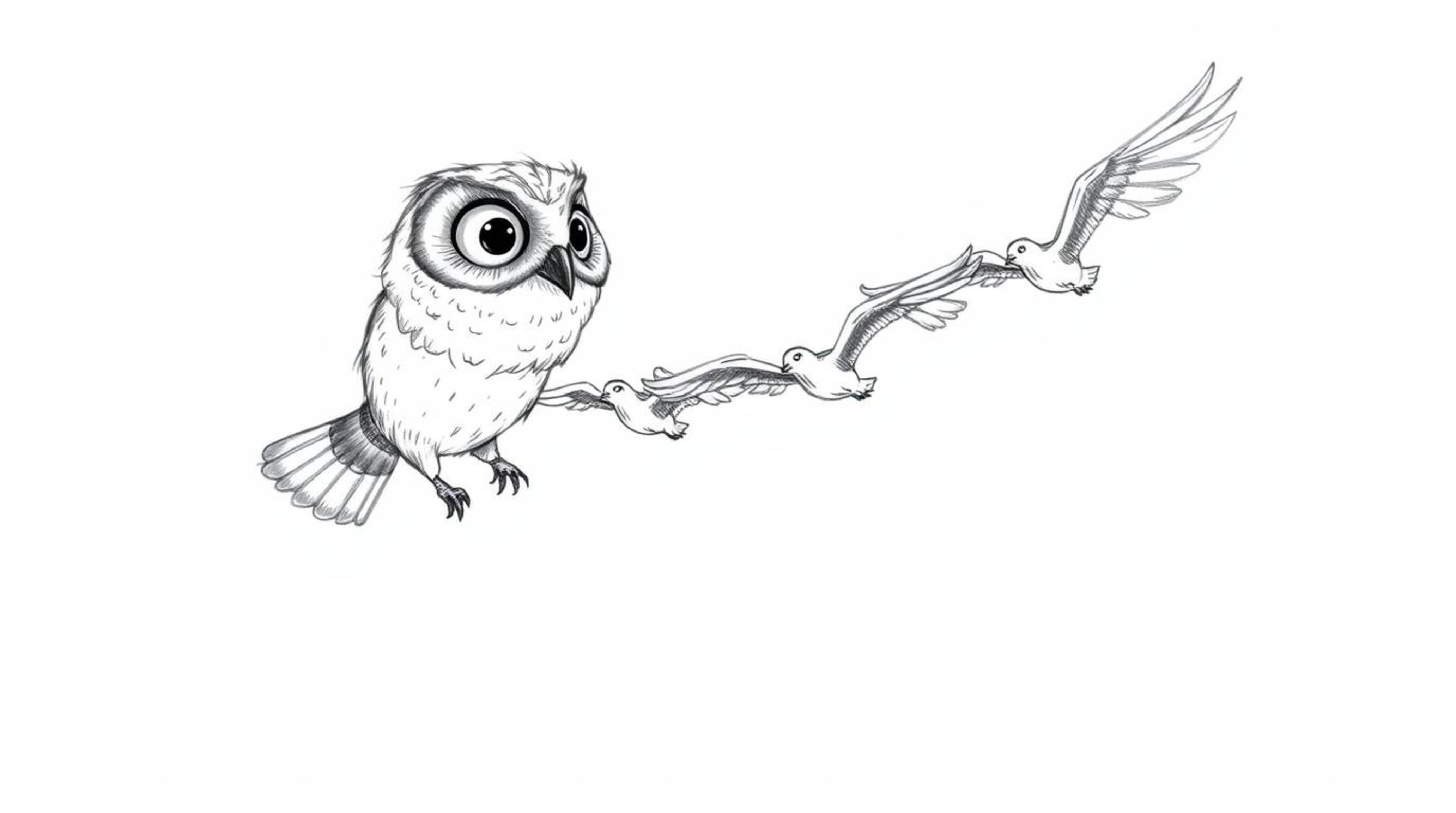 A captivating hand-drawn sketch in Pixar style depicts a seemingly blind owl guiding a synchronized flock of birds in flight.