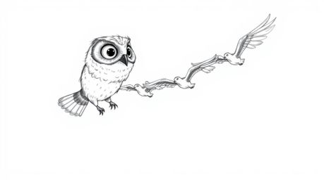 A captivating hand-drawn sketch in Pixar style depicts a seemingly blind owl guiding a synchronized flock of birds in flight.