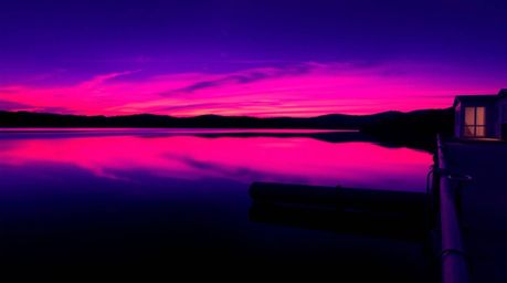 Explore stunning creative light art featuring deep ultraviolet hues and precise architectural color photography. A serene lak