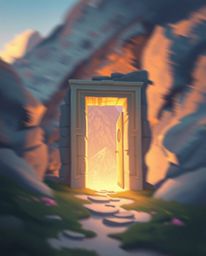 This soft pastel colored digital painting depicts an ancient doorway glowing with runes embedded in the side of a mountain. T