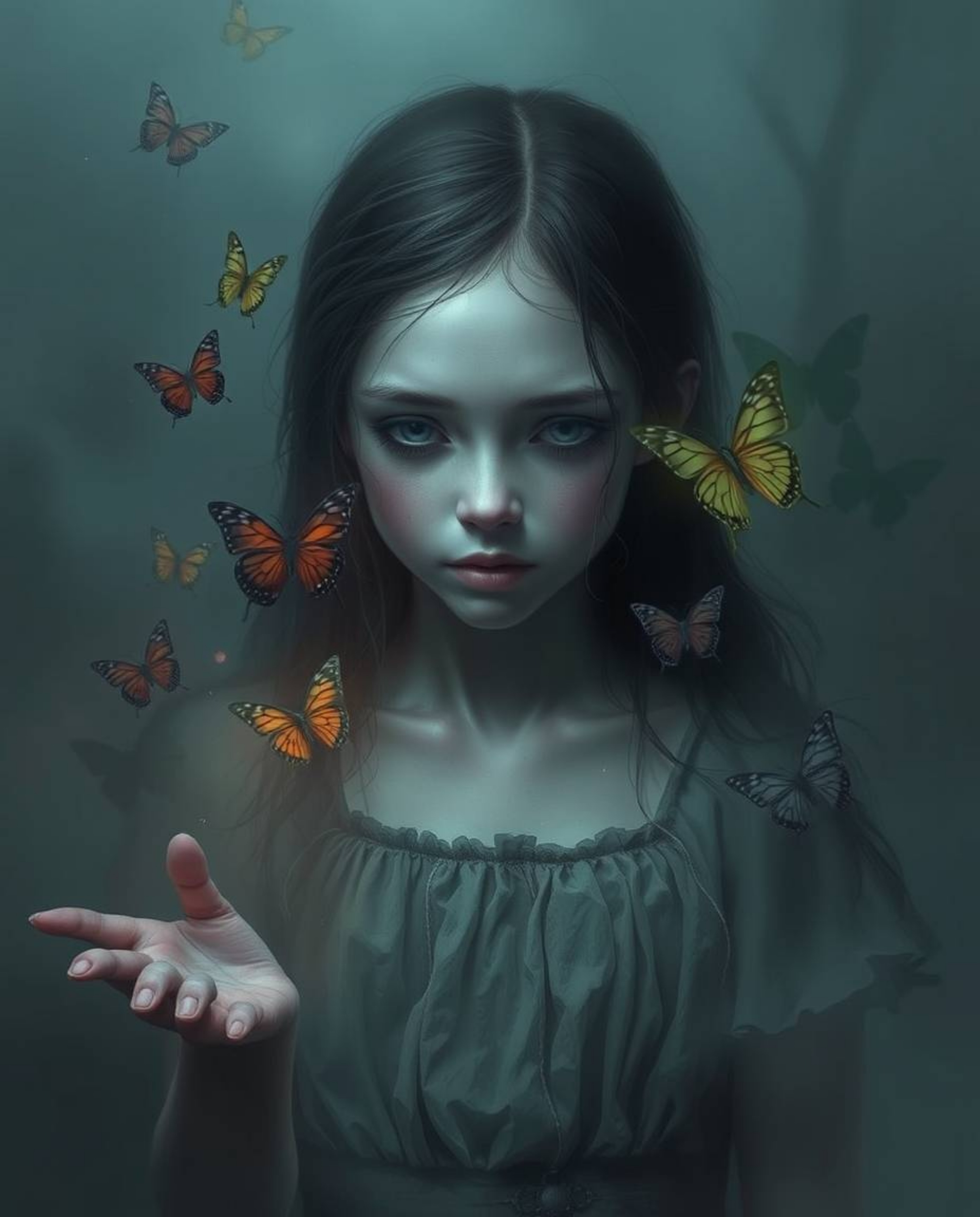 A digital painting depicting a pale-skinned girl releasing butterflies into a dense, foggy environment. The artwork employs d