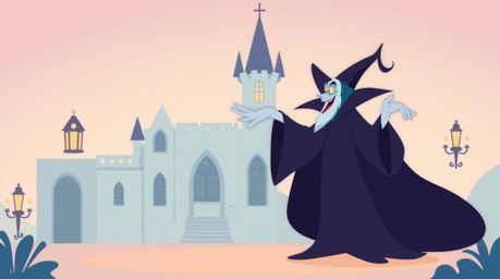 A classic Disney villain is depicted casting a spell within the walls of an old, pastel-colored castle. The scene is rendered