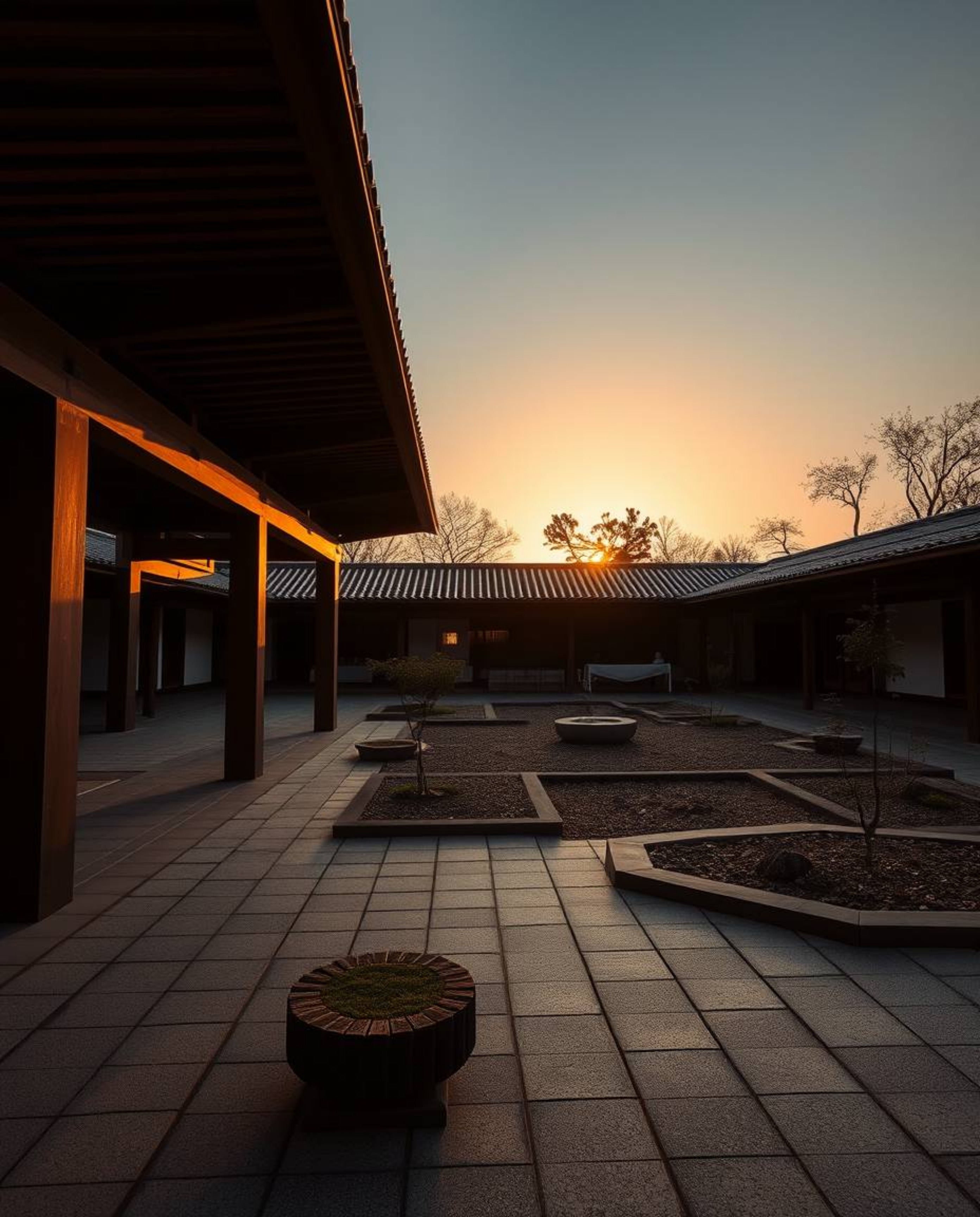 Precise architectural photography of a serene Zen garden at sunset, warm golden hour light, soft dreamy atmosphere, sharp lin