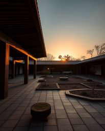 Precise architectural photography of a serene Zen garden at sunset, warm golden hour light, soft dreamy atmosphere, sharp lin