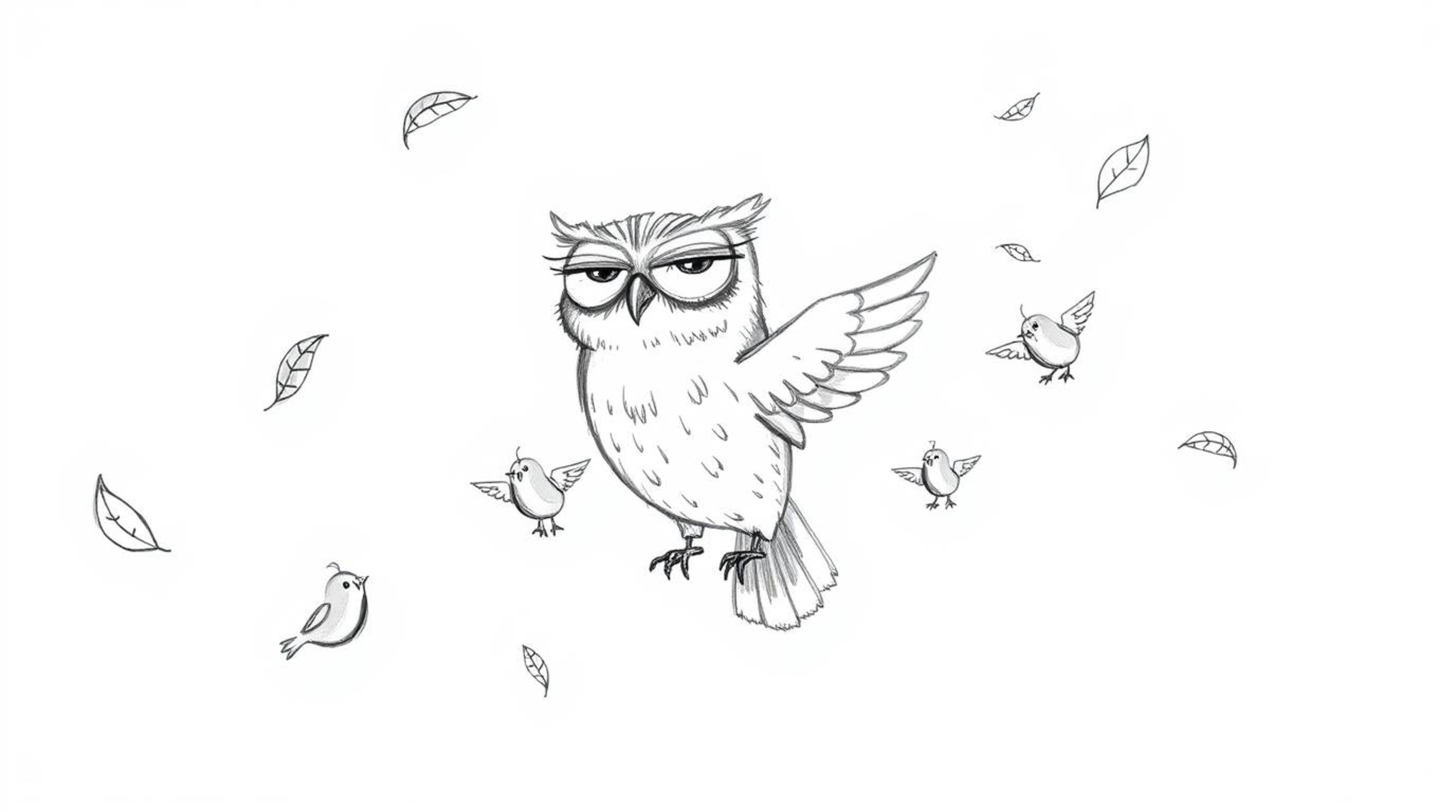 A heartwarming hand-drawn sketch in the style of Pixar portrays a blind owl, its expressive eyes hinting at wisdom and gentle