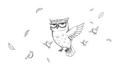 A heartwarming hand-drawn sketch in the style of Pixar portrays a blind owl, its expressive eyes hinting at wisdom and gentle