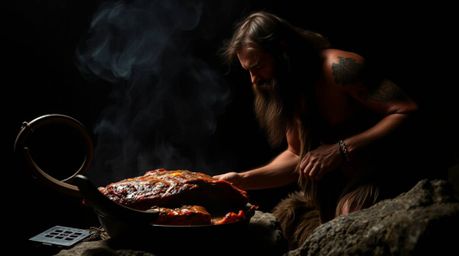 Capture the essence of prehistoric life with this high-resolution stock photo showcasing a caveman passionately cooking mammo