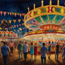 A vibrant ink and watercolor painting capturing the energetic atmosphere of a bustling carnival. The artwork is filled with b