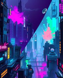 Immerse yourself in a futuristic cityscape divided into unique zones, each bursting with vibrant neon splashes in a captivati