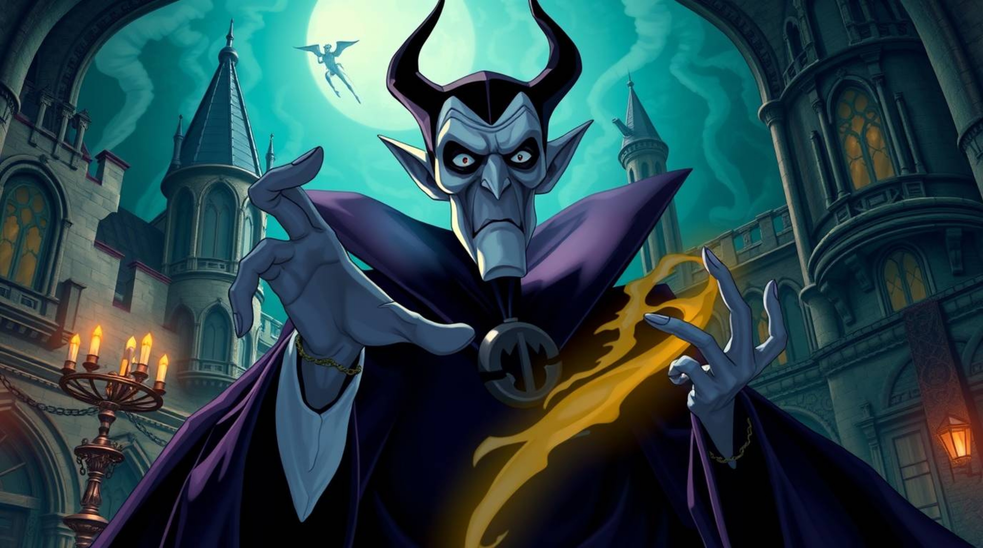 A vibrant and detailed illustration of a classic Disney villain with dark eyes and gaunt features, casting a spell within a l