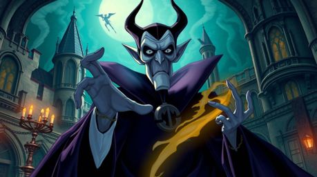 A vibrant and detailed illustration of a classic Disney villain with dark eyes and gaunt features, casting a spell within a l