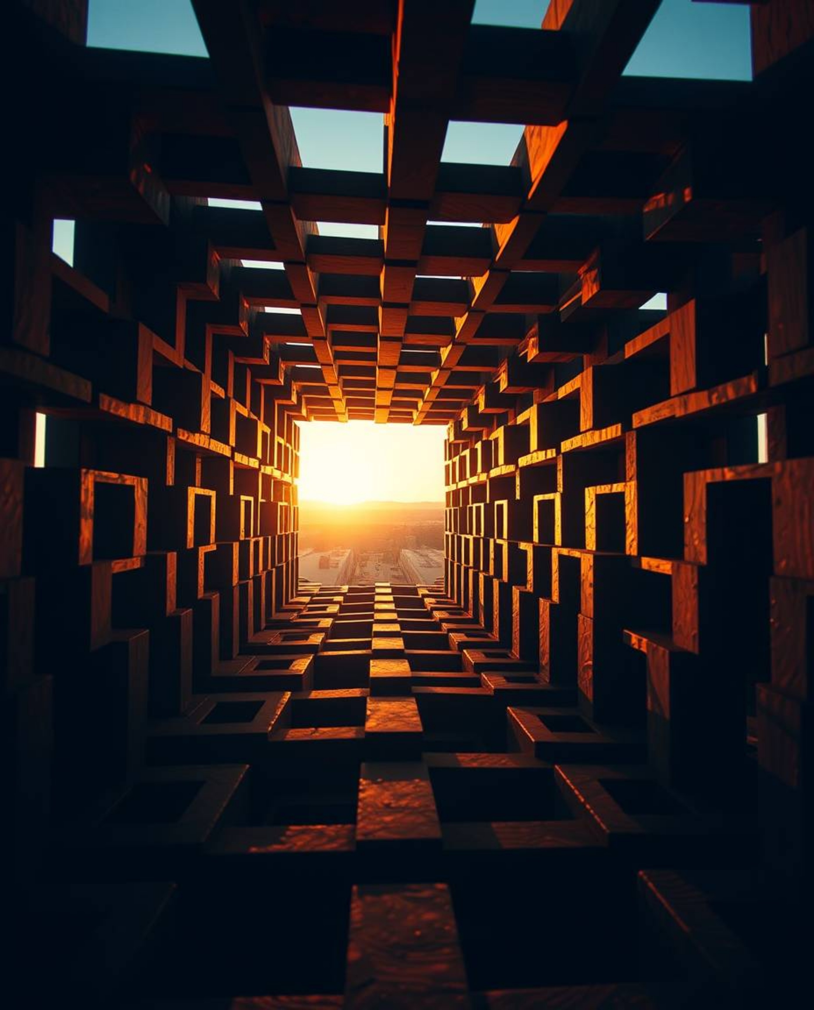 A low-angle perspective photograph showcases a captivating repetitive cube pattern in Escher-style impossible geometry, bathe