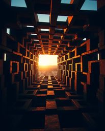 A low-angle perspective photograph showcases a captivating repetitive cube pattern in Escher-style impossible geometry, bathe