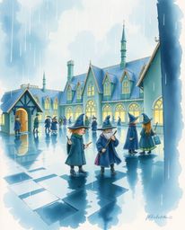 A captivating watercolor painting depicts a magical school brimming with young wizards under a gentle rain.  The artwork show