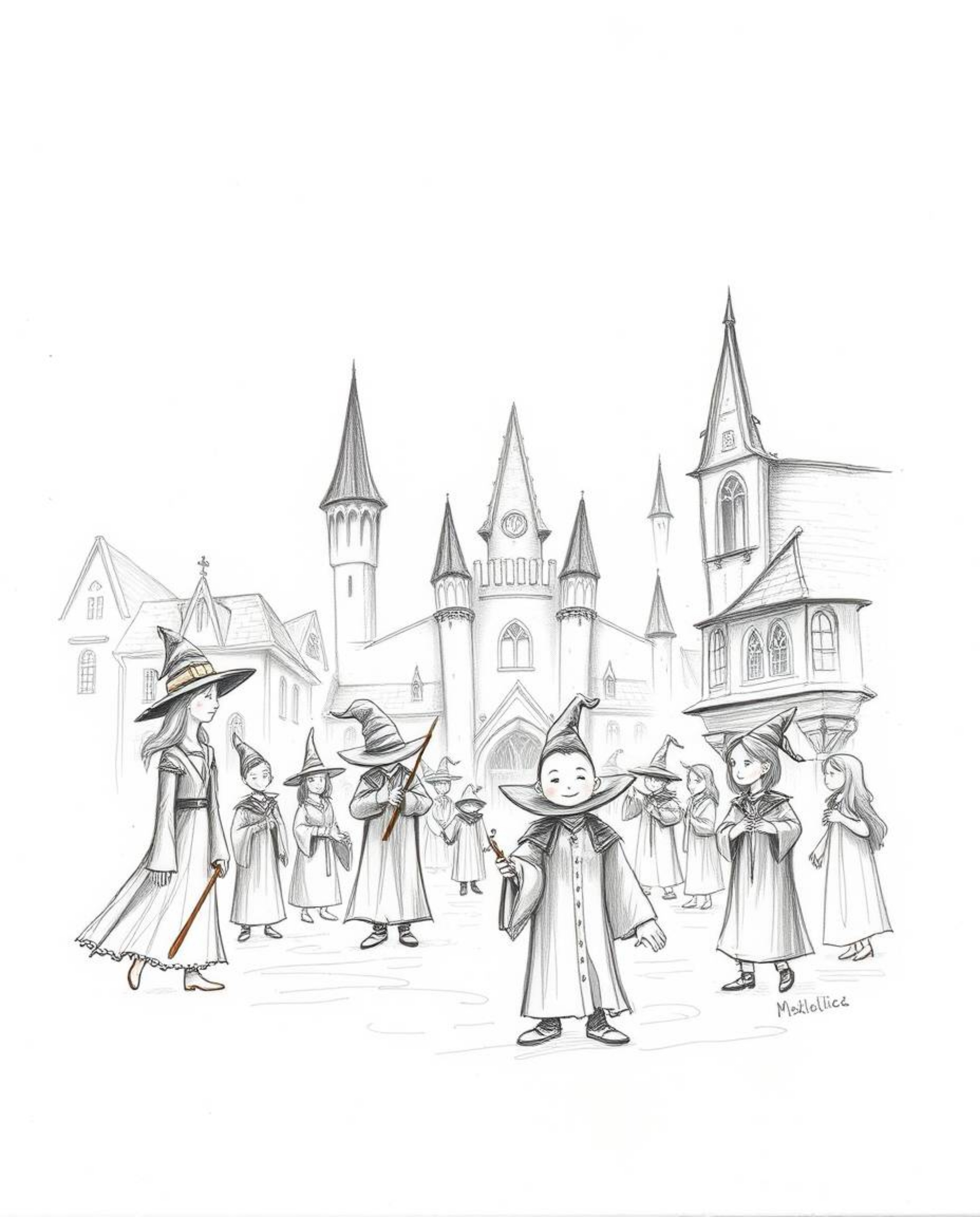 Discover a captivating hand-drawn sketch of a magical school brimming with young wizards.  The soft cinematic haze and rough 