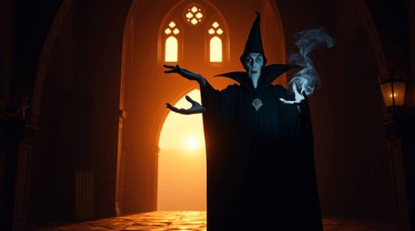 A professional and inviting photograph showcasing a classic Disney villain immersed in casting a spell within the ancient wal