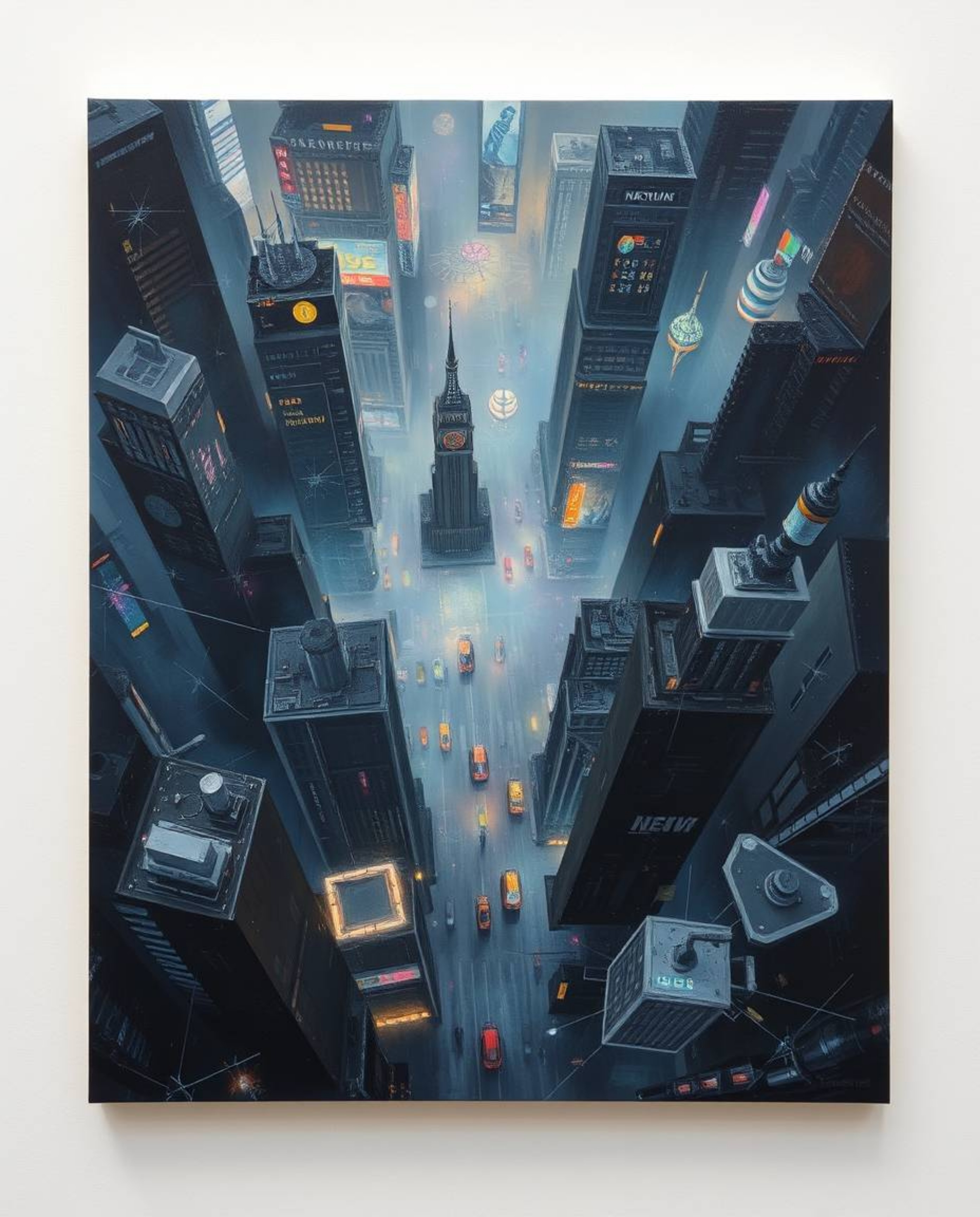 Explore a mesmerizing oil painting depicting a futuristic city consumed by glitch mode, rendered from an overhead bird's eye
