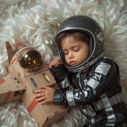 A captivating high-fashion photograph depicts a young boy, peacefully sleeping in a sleek black and silver spacesuit, his met