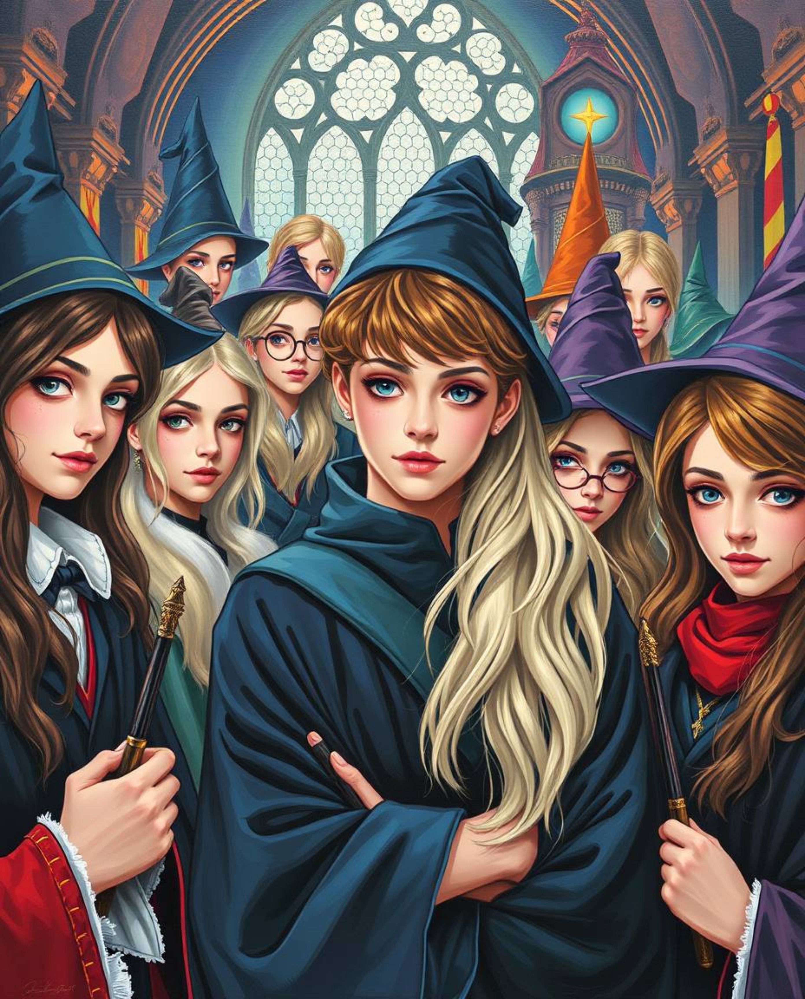 A captivating painting depicts a graceful and elegant magical school brimming with young wizards.  The artwork showcases refi