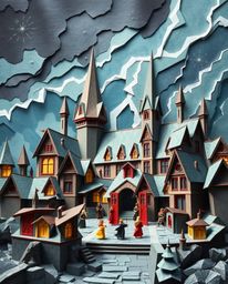This captivating image depicts a magical school teeming with young wizards, rendered in an intricate origami style.  The dram