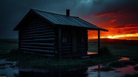 This image captures a wet, rainy scene showcasing an old wooden cabin at sunset. The scene is depicted in intense jet black w