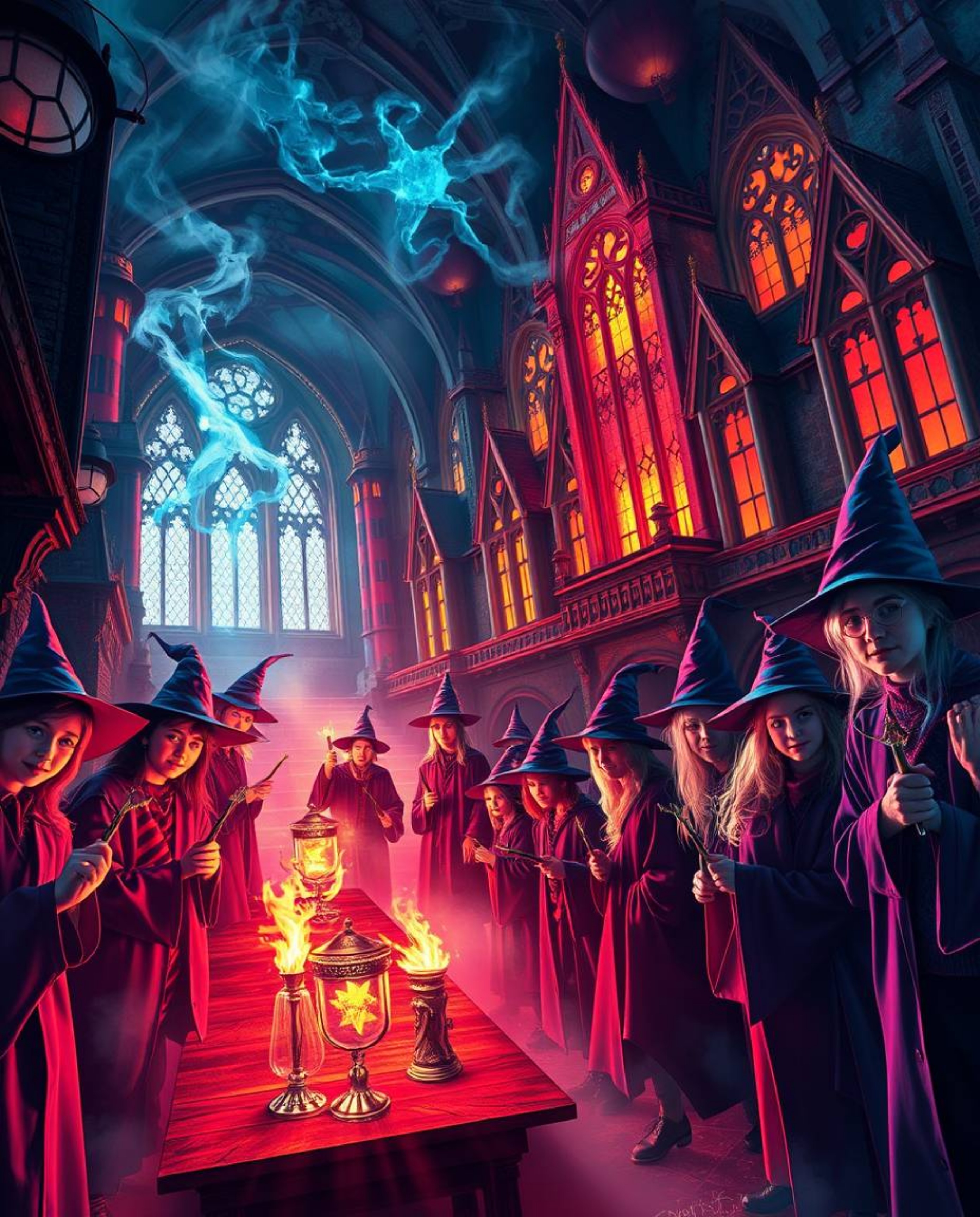 Discover a captivating world of a magical school brimming with young wizards.  This vibrant artwork explodes with electric co