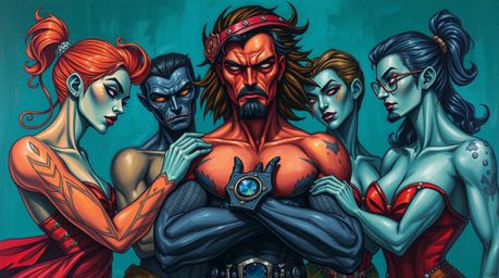 Discover a stunning acrylic painting depicting a team of misfit heroes.  The artwork showcases rich, deep teal colors, gracef