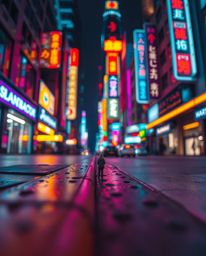 Explore a captivating extreme macro close-up candid street photograph capturing colorful neon splashes in a futuristic cyberp
