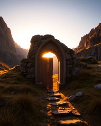 Warm golden hour light bathes an ancient doorway, etched with glowing runes, nestled into the side of a majestic mountain. Th